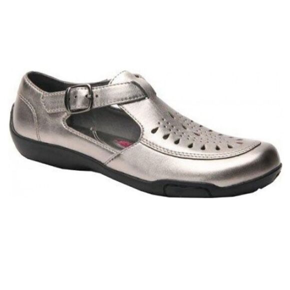 Ros Hommerson CAMEO Metallic Pewter Perforated Fisherman Loafer Sandals - Picture 1 of 16